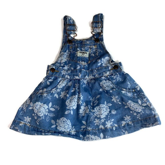 Oshkosh Overall Bib Dress 12M Vestbak Chambray Floral Blue White Copper Clips - Picture 1 of 6